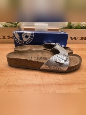 Birkenstock Madrid Sandals Washed Metallic Silver Birko-Flor Womens Size 41 NIB